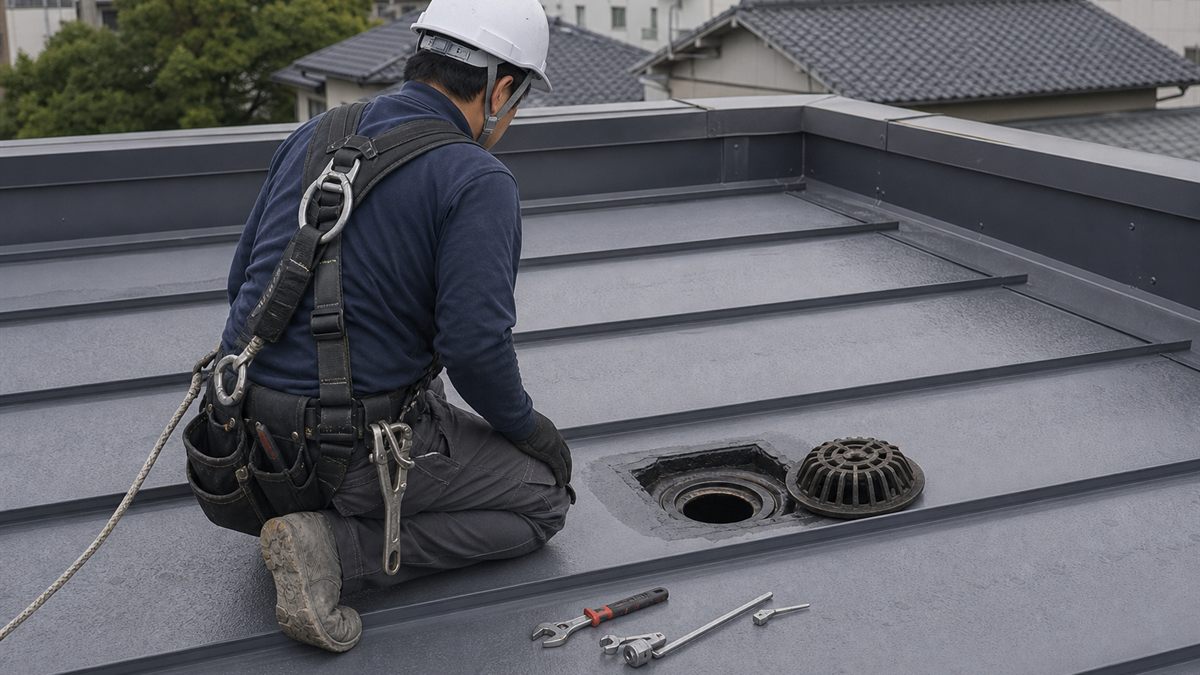 屋根の上で樋の点検をする作業員