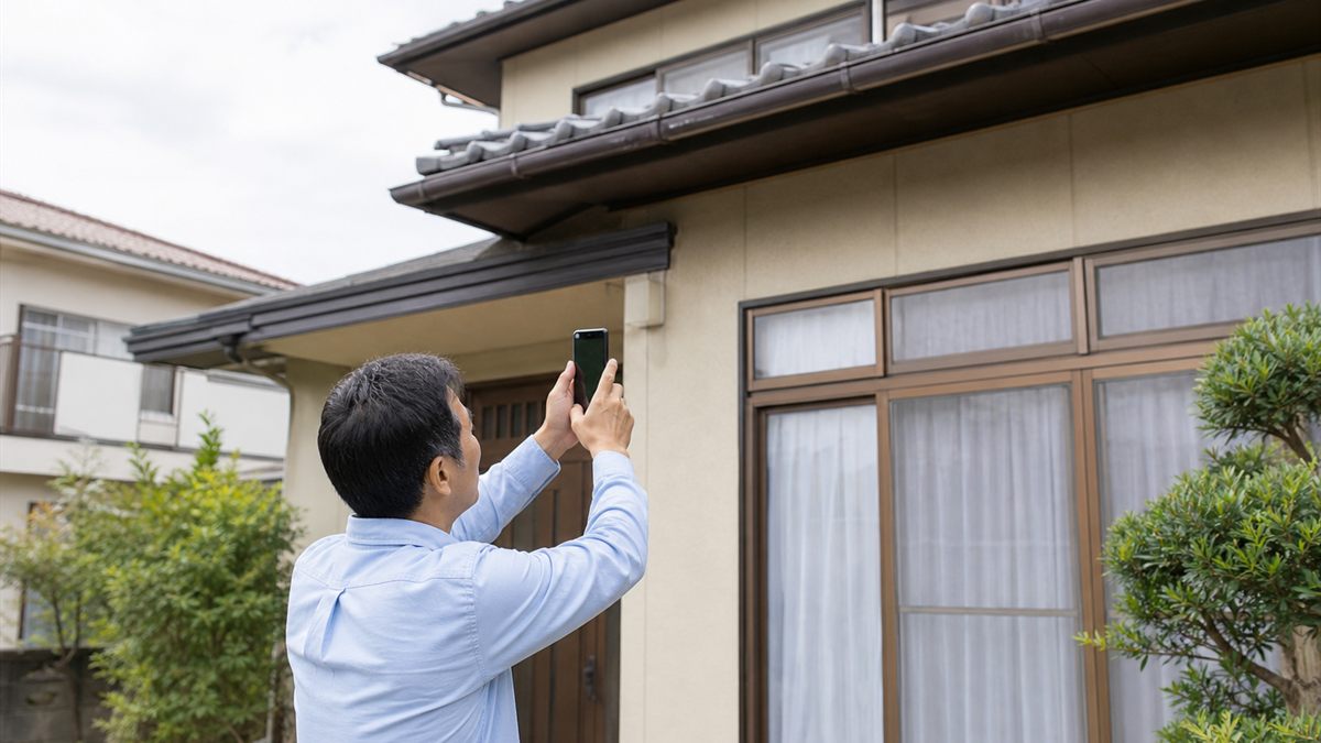 地面から屋根をスマートフォンで撮る住まい手