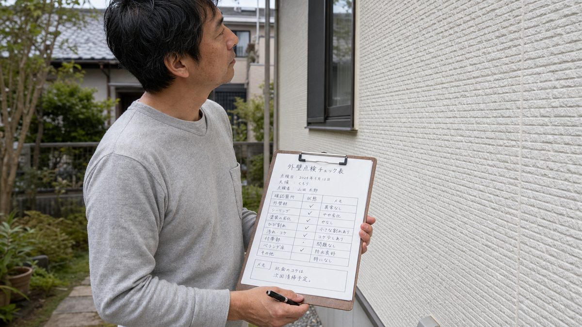 点検メモを手にして外壁を見る住まい手