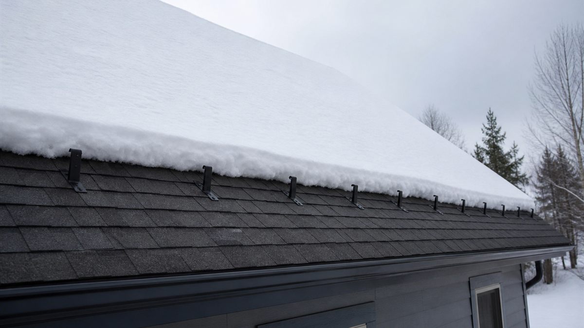 雪止めの上に雪が残る屋根