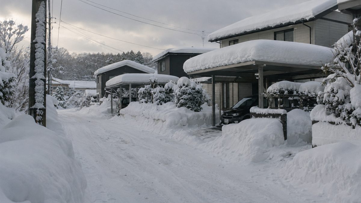 深い雪に埋もれた北海道の住宅街とカーポート