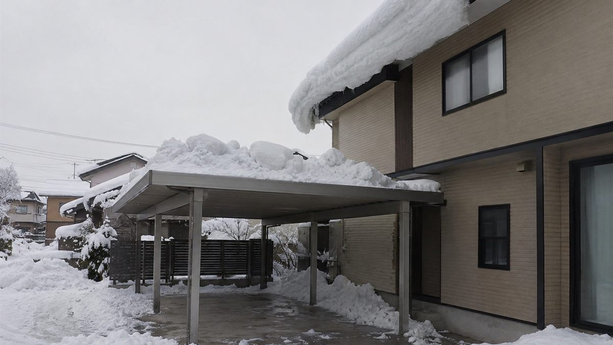 母屋の軒先の真下で隣家との境界近くに立つカーポート
