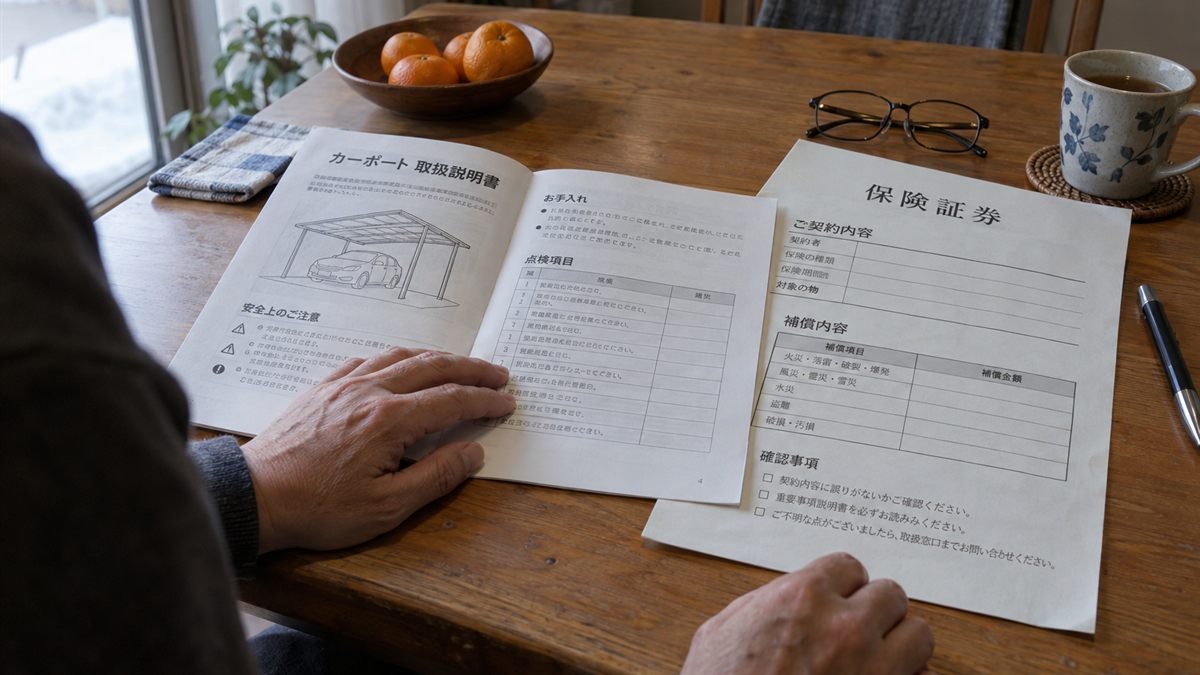 机に広げた保険の書類とカーポートの取扱説明書
