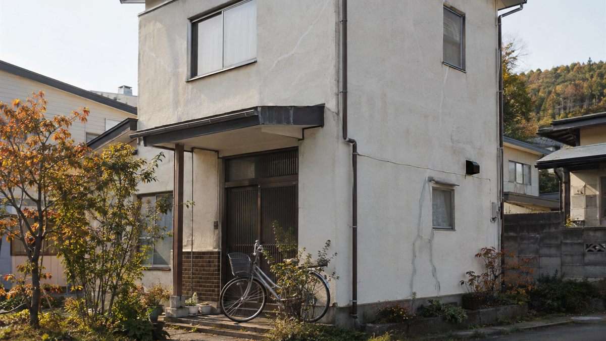 補修跡の残るモルタル外壁の戸建て