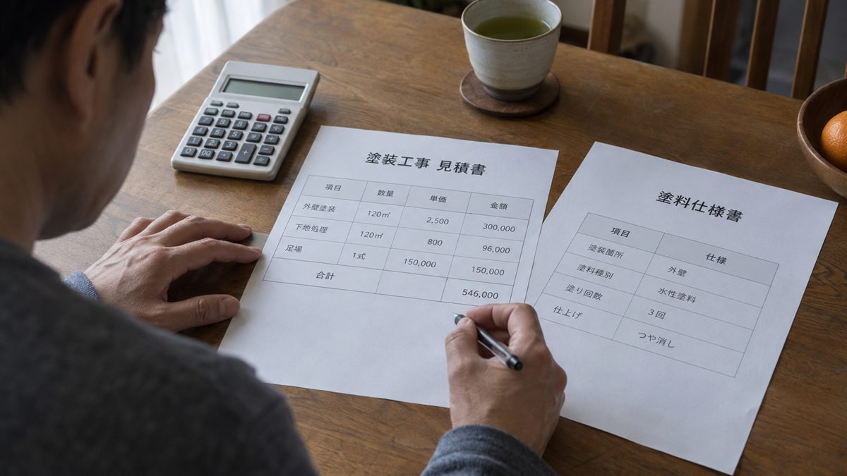 机に広げた見積書と塗装仕様書