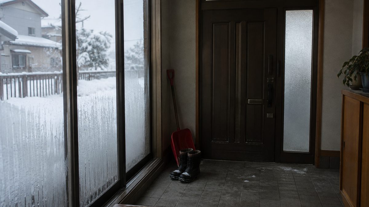 風除室の内側にある玄関ドアと外の雪
