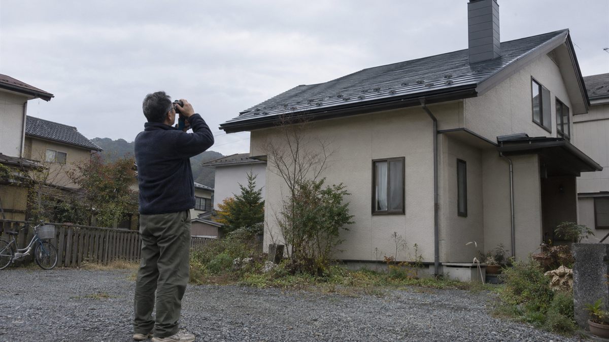 住宅の所有者が安全な地上から煙突のまわりを見上げている様子
