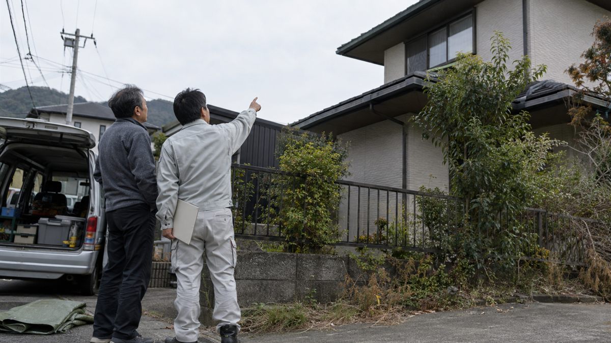 住宅の所有者と業者が地上で屋根の方向を見ながら話している様子