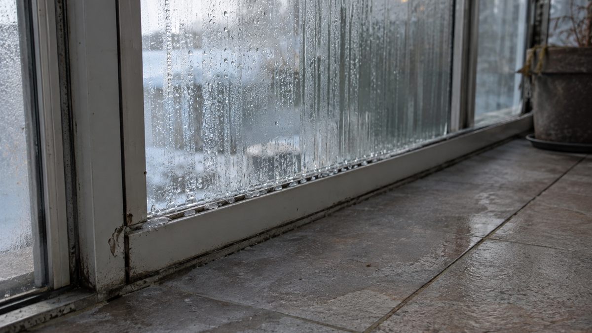 風除室のガラス面に付いた水滴と下枠にたまった水の様子