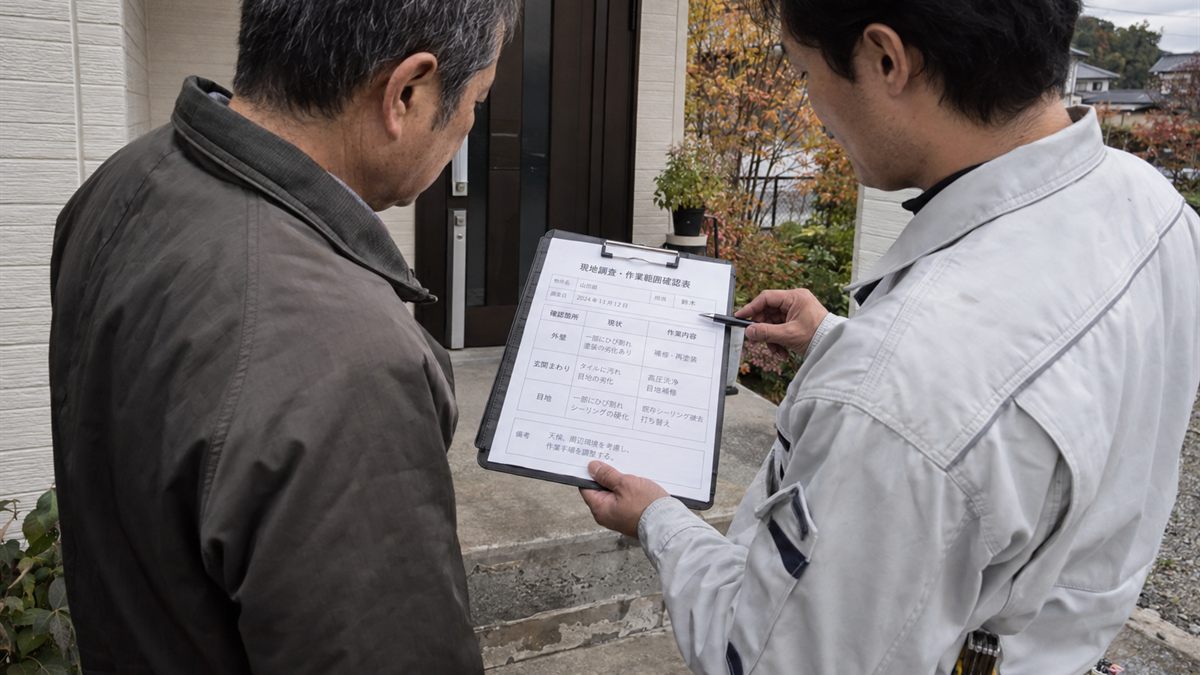 玄関先で住宅所有者と調査担当者が工事範囲を書類で確認している場面