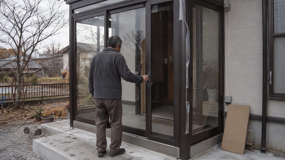 完成した風除室で住宅所有者が扉の開閉を確かめている場面