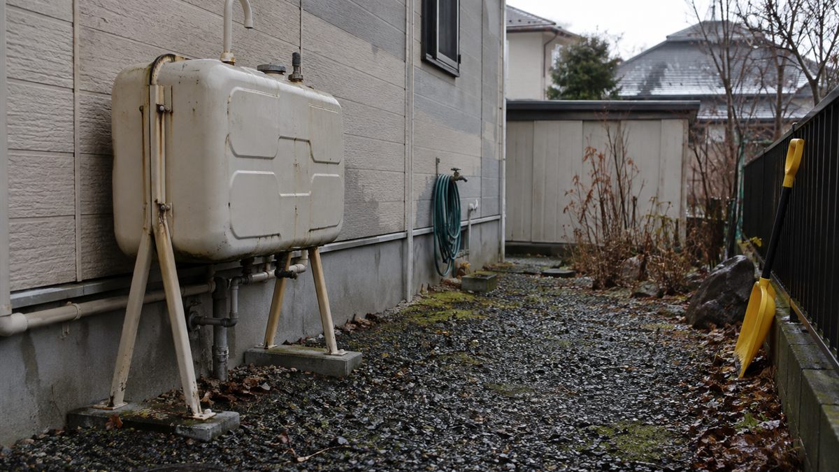 住宅の脇に据えられた屋外の灯油ホームタンク