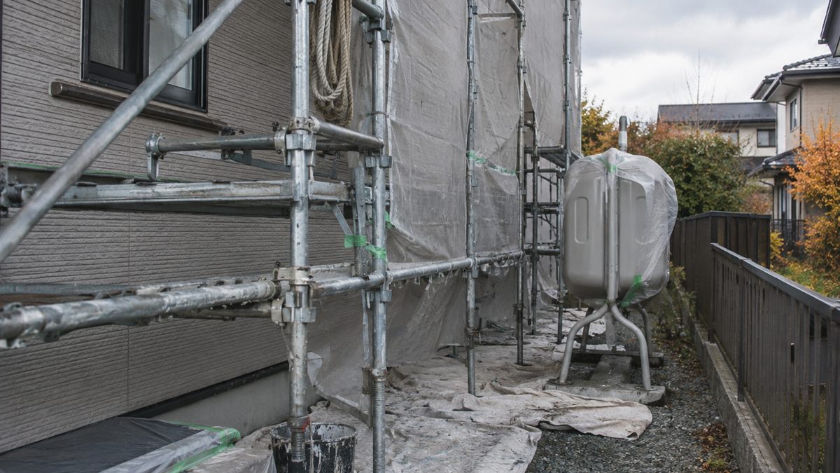 足場が組まれた住宅の脇に残る灯油タンク