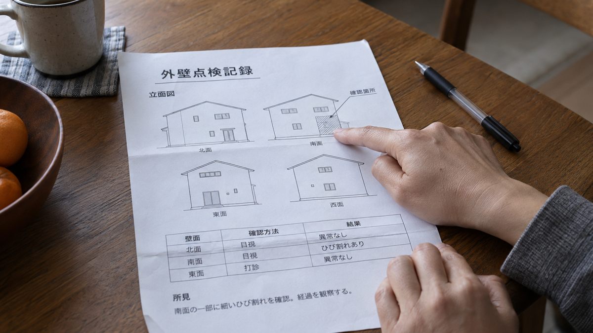 外壁の点検結果をまとめた書類を机の上で確かめる手元