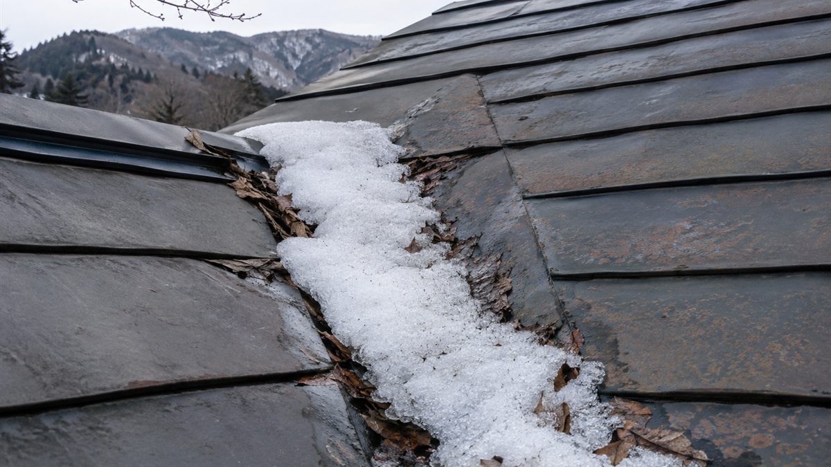 谷に雪が残り落ち葉がたまった冬の屋根