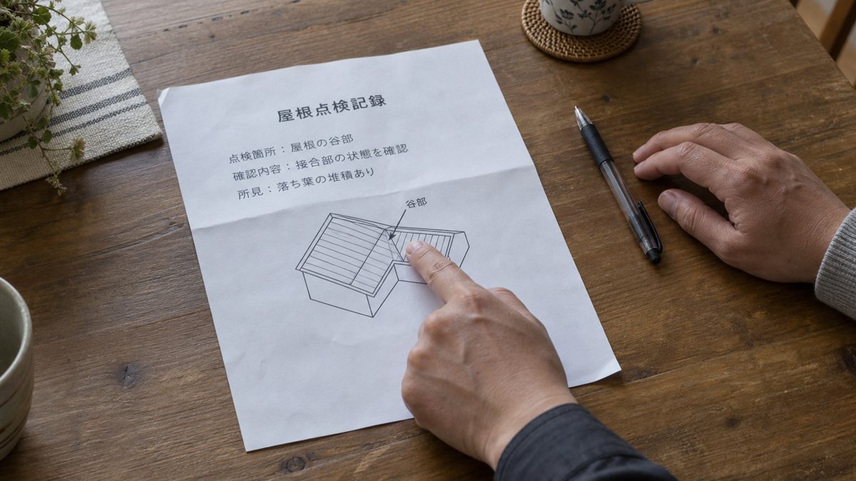 屋根の点検結果の書類を見ながら説明を聞く手元